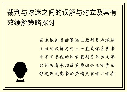 裁判与球迷之间的误解与对立及其有效缓解策略探讨